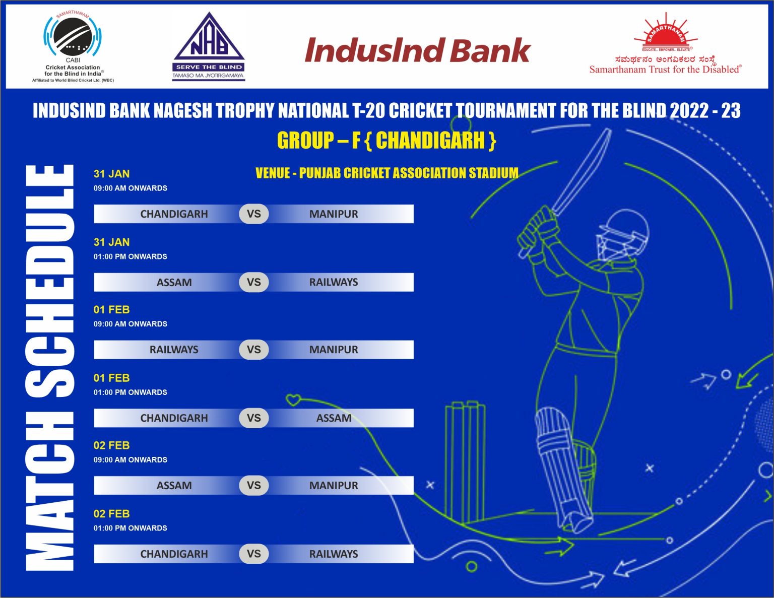 Match Schedule of Group F – IndusInd Bank Nagesh Trophy National T20 Cricket Tournament for the Blind 2022 – 2023