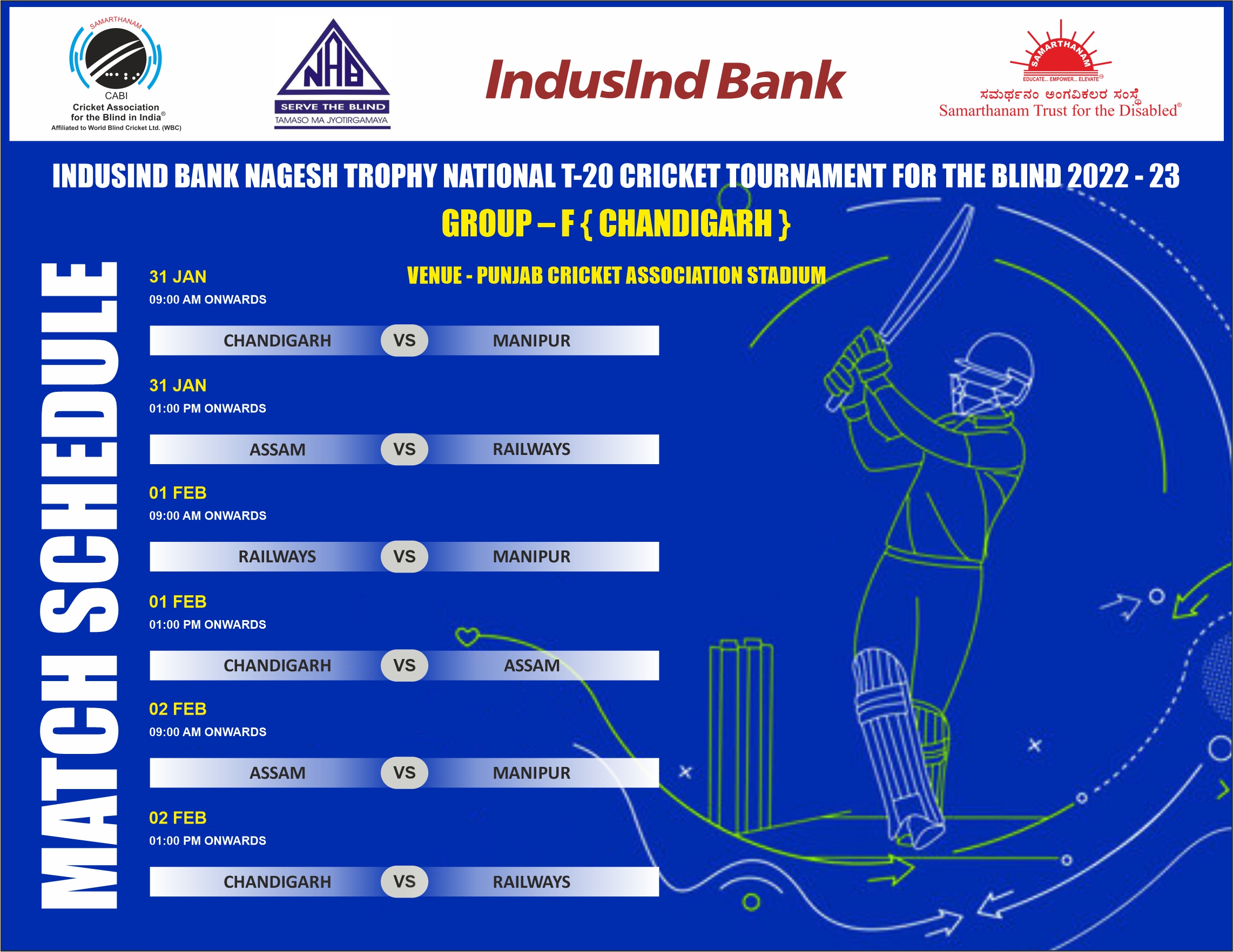 Match Schedule-Group F-IndusInd Bank Nagesh Trophy National T20 Cricket Tournament for the Blind 2022 – 2023