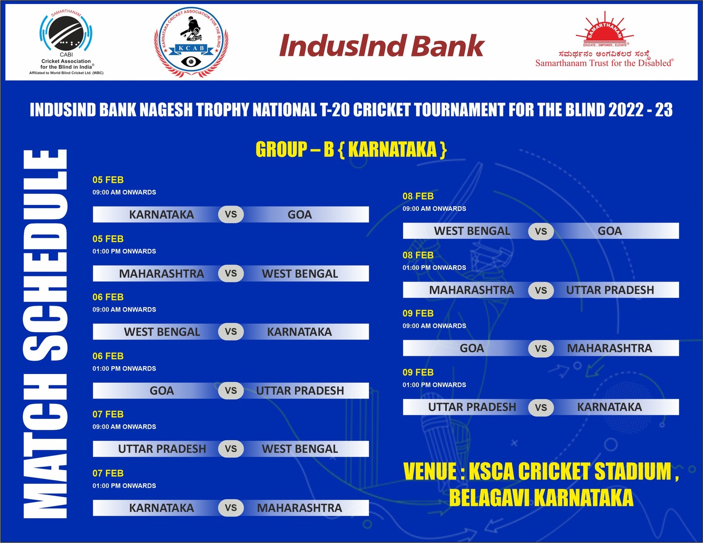 Match Schedule of Group B – IndusInd Bank Nagesh Trophy National T20 Cricket Tournament for the Blind 2022 – 2023