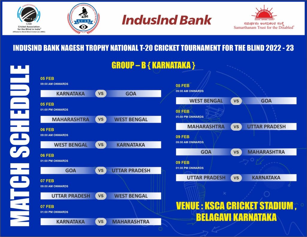 Match Schedule of Group B - IndusInd Bank Nagesh Trophy National T20 Cricket Tournament for the Blind 2022 – 2023