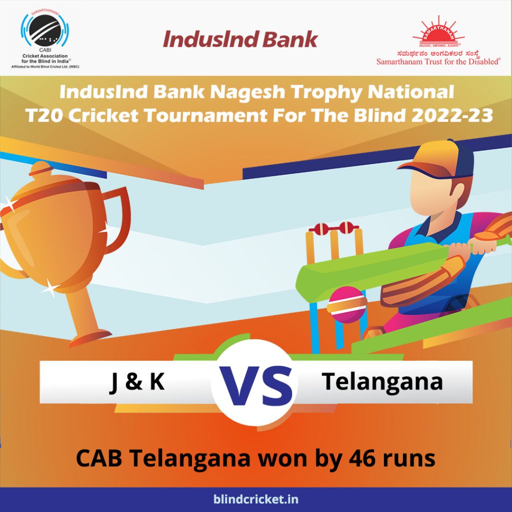 CAB Telangana won by 46 runs in IndusInd Bank Nagesh Trophy National T20 Cricket Tournament For The Blind 2022-23