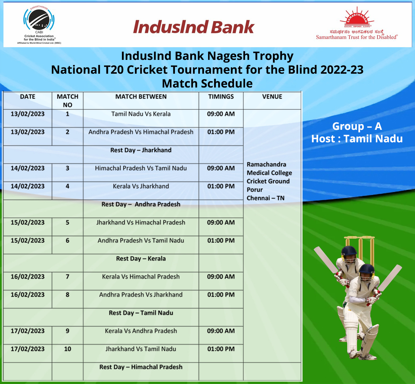 Match Schedules for Group A, C and D of IndusInd Bank Nagesh Trophy National T20 Cricket Tournament for the Blind 2022 – 2023