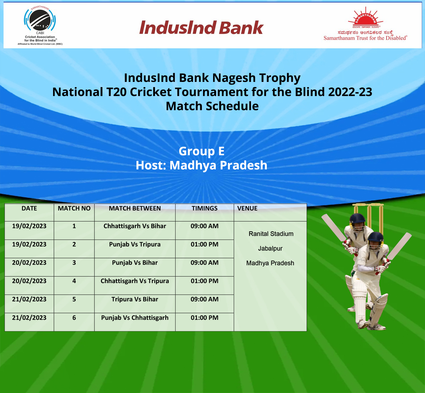 Match Schedule for Group E of IndusInd Bank Nagesh Trophy National T20 Cricket Tournament for the Blind 2022 – 2023