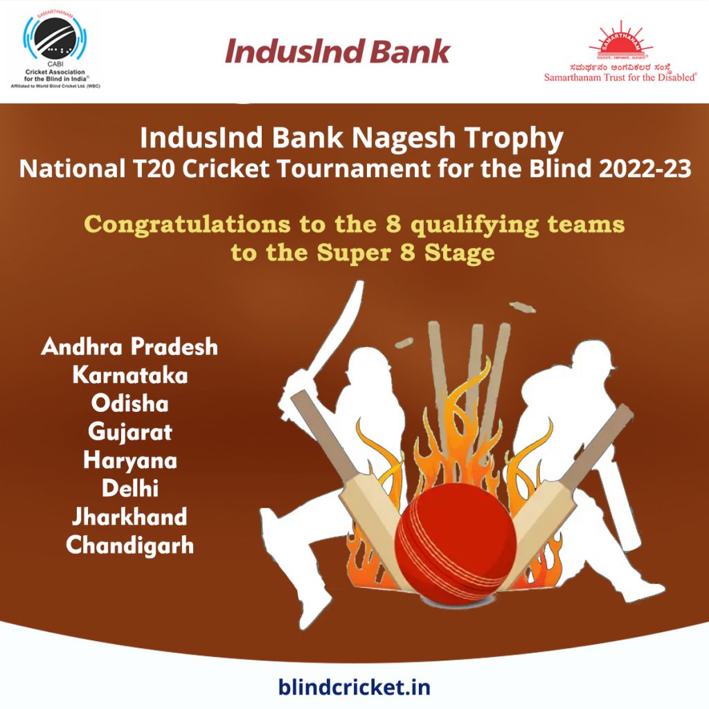 Eight outstanding teams that have made it to the Super 8 stage of the IndusInd Bank Nagesh Trophy National T20 Cricket Tournament for the Blind 2022-23!