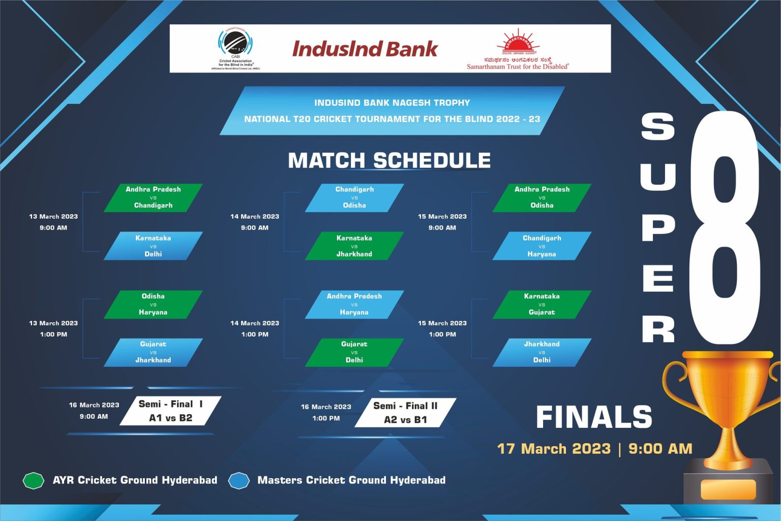 Super 8 match schedule of IndusInd Bank Nagesh Trophy National T20 Cricket Tournament for the Blind 2022-23!