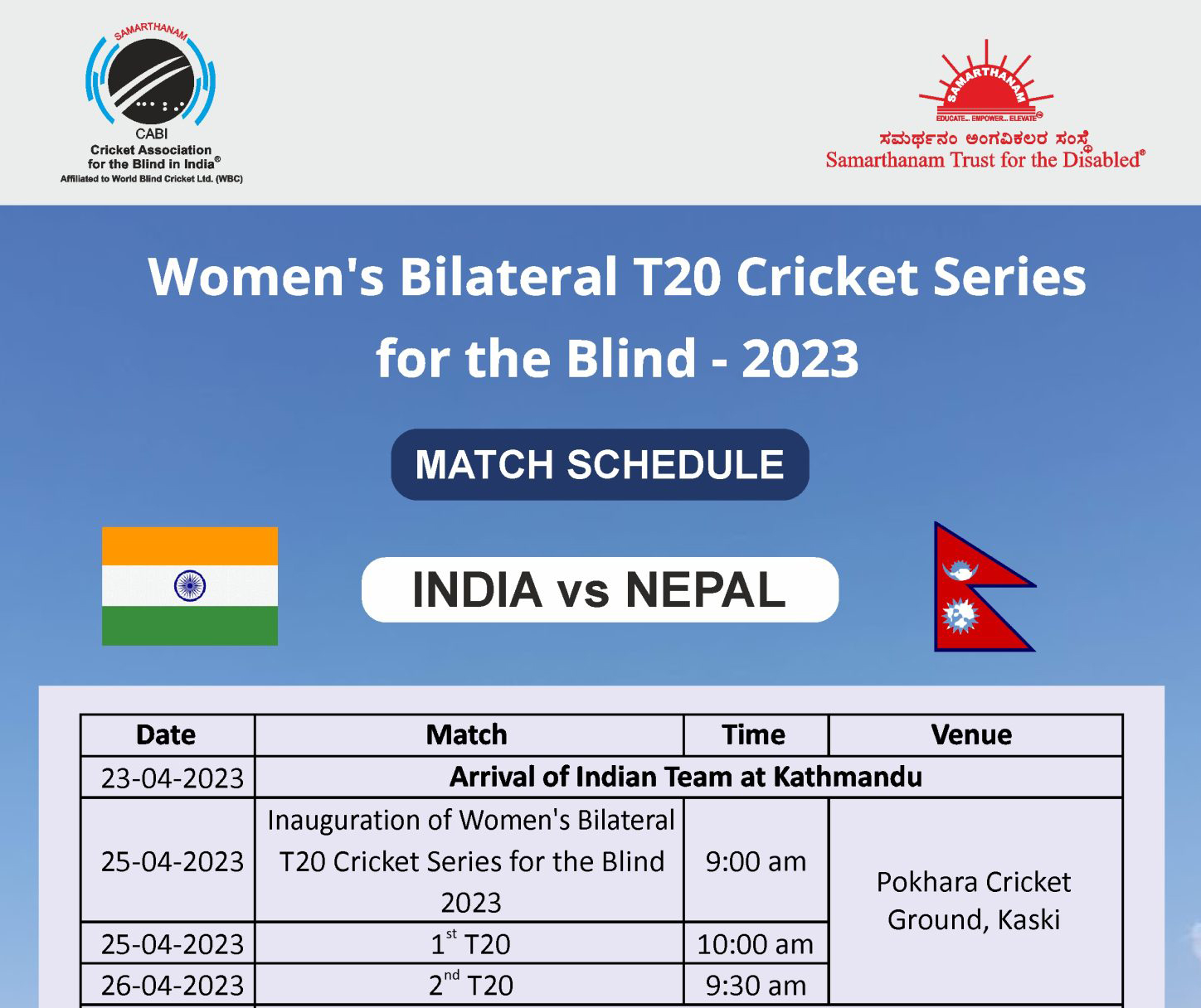Match Schedule of Women’s Bilateral T20 Cricket Series for the Blind – 2023