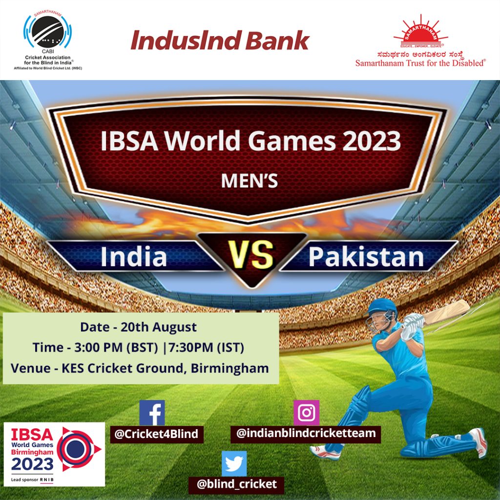 india vs Pakistan on 20th august mens ibsa world games