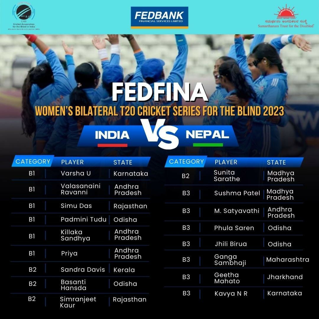 CABI announces the squad for the Fedfina Womens Bilateral T20 Cricket Series for the Blind 2023