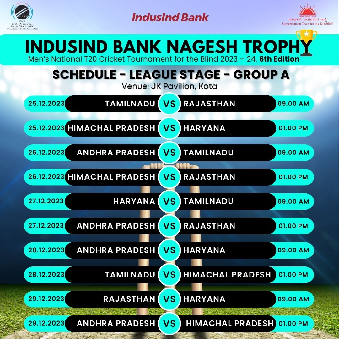 GROUP A Match Schedule of the IndusInd Bank Nagesh Trophy Mens National T20 Cricket Tournament for the Blind 2023-24