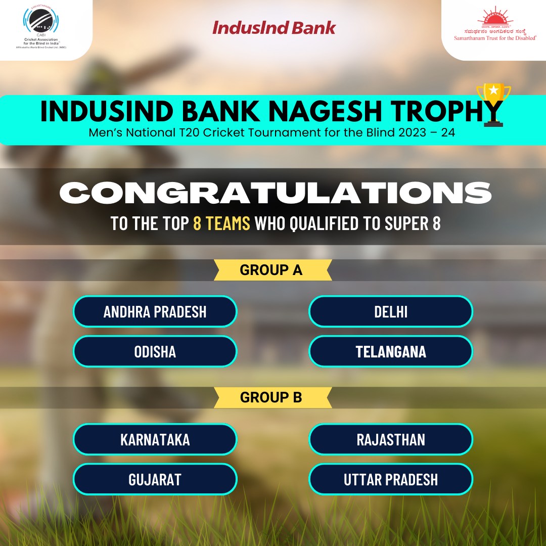 Congratulations to the top 8 teams who qualified to super 8 in IndusInd Bank Nagesh Trophy Mens National T20 Cricket Tournament for the Blind 2023-24