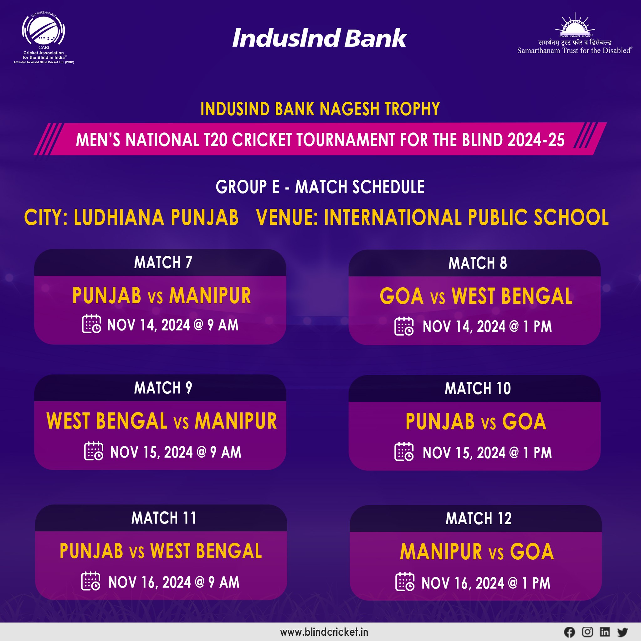 indusind bank nagesh trophy 2024 group e match schedule