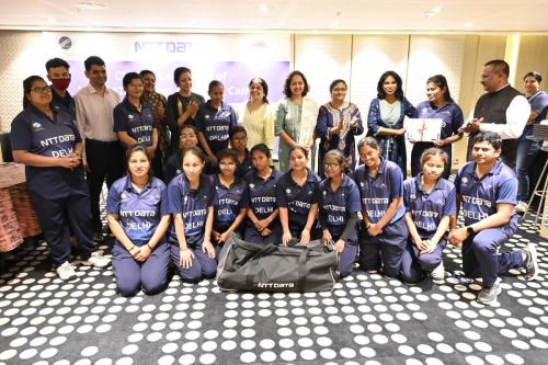 At the closing ceremony of the NTT DATA Cricket Coaching Camp for Blind Women, the NTT DATA leadership team presented cricket kits to the six teams-6