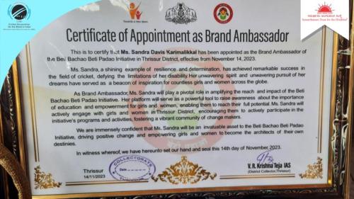 Incredible player Ms. Sandra Davis Karimalikkal has been appointed as the Brand Ambassador of the Beti Bachao Beti Padhao-4